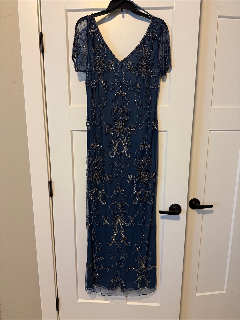 J Kara Navy Blue Beaded V-Neck Maxi Dress